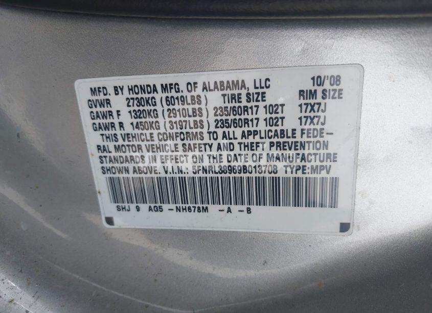 Photo 9 of 2009 Honda Odyssey TOURING (VIN 5FNRL38969B013708)