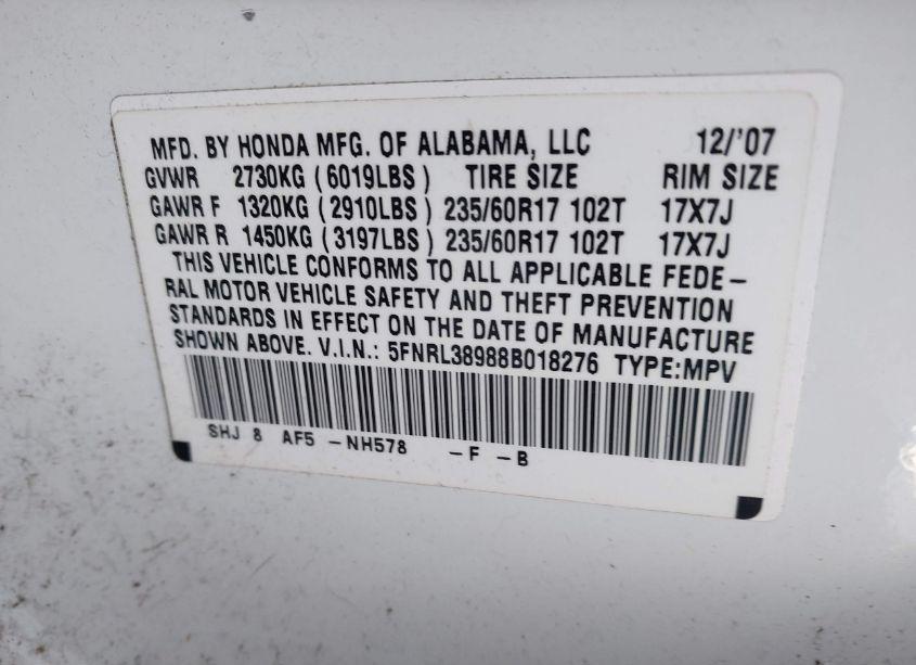 Photo 9 of 2008 Honda Odyssey TOURING (VIN 5FNRL38988B018276)