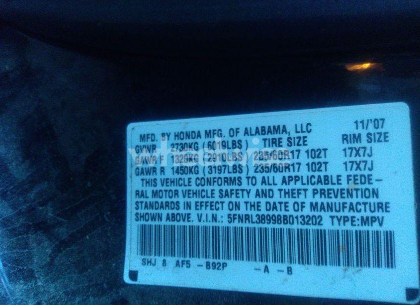 Photo 9 of 2008 Honda Odyssey TOURING (VIN 5FNRL38998B013202)