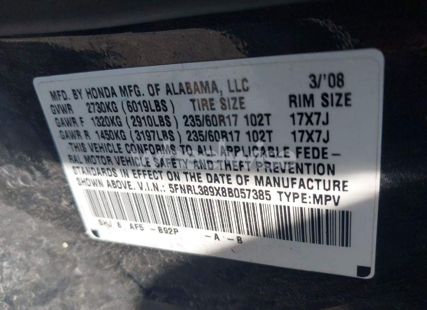 Photo 9 of 2008 Honda Odyssey TOURING (VIN 5FNRL389X8B057385)