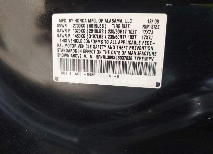 Photo 9 of 2009 Honda Odyssey TOURING (VIN 5FNRL389X9B037638)