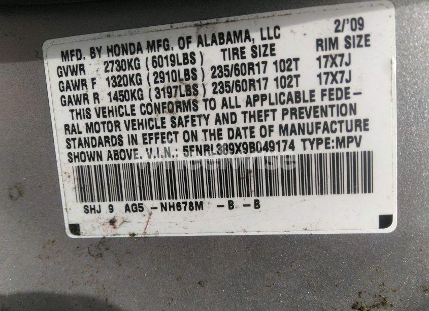 Photo 9 of 2009 Honda Odyssey TOURING (VIN 5FNRL389X9B049174)