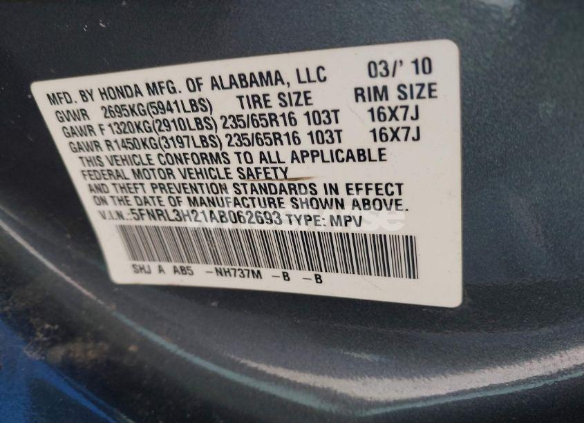 Photo 9 of 2010 Honda Odyssey LX (VIN 5FNRL3H21AB062693)