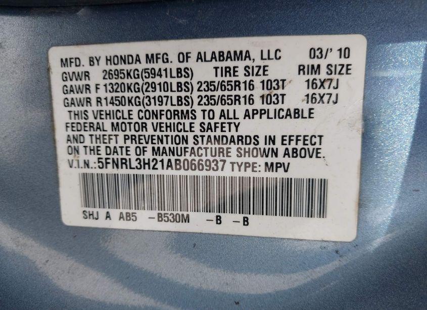 Photo 9 of 2010 Honda Odyssey LX (VIN 5FNRL3H21AB066937)