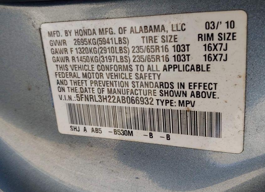 Photo 9 of 2010 Honda Odyssey LX (VIN 5FNRL3H22AB066932)