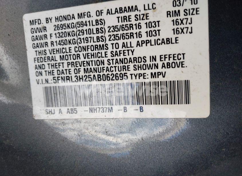 Photo 9 of 2010 Honda Odyssey LX (VIN 5FNRL3H25AB062695)