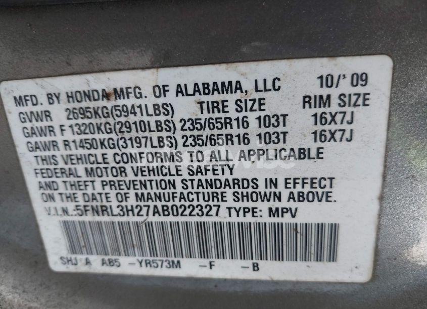 Photo 9 of 2010 Honda Odyssey LX (VIN 5FNRL3H27AB022327)