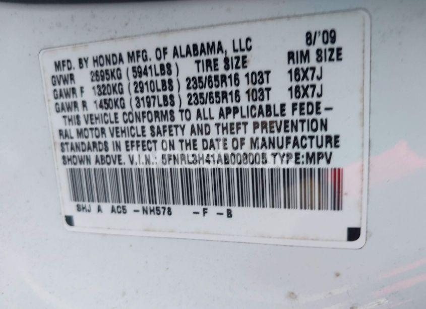 Photo 9 of 2010 Honda Odyssey EX (VIN 5FNRL3H41AB008005)