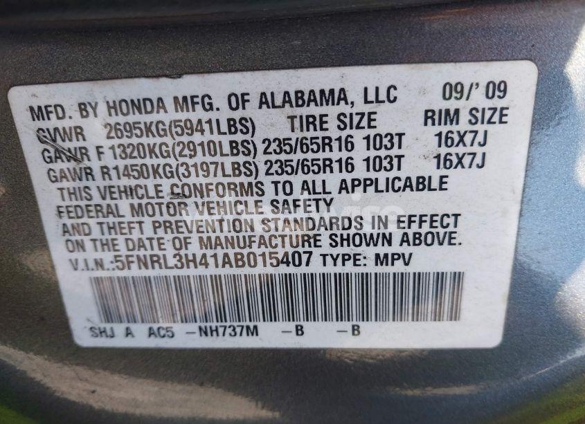 Photo 9 of 2010 Honda Odyssey EX (VIN 5FNRL3H41AB015407)
