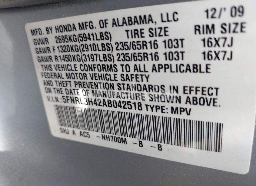 Photo 9 of 2010 Honda Odyssey EX (VIN 5FNRL3H42AB042518)