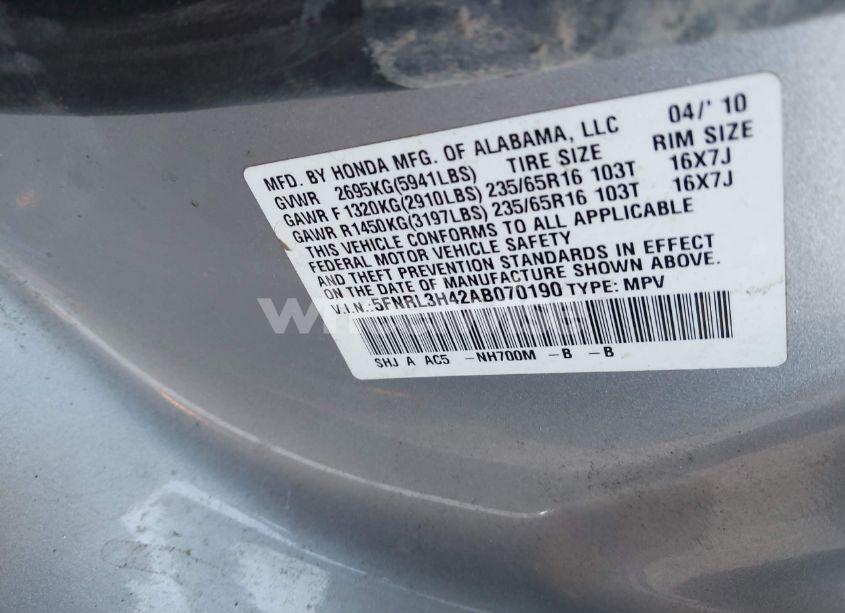 Photo 9 of 2010 Honda Odyssey EX (VIN 5FNRL3H42AB070190)