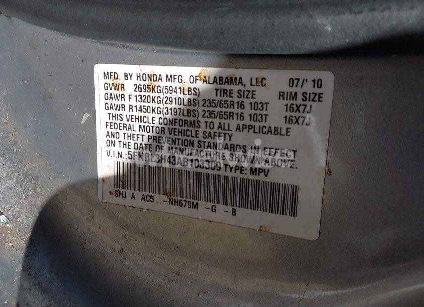 Photo 9 of 2010 Honda Odyssey EX (VIN 5FNRL3H43AB103309)