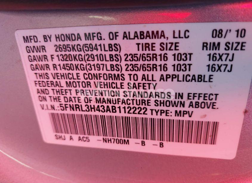 Photo 9 of 2010 Honda Odyssey EX (VIN 5FNRL3H43AB112222)