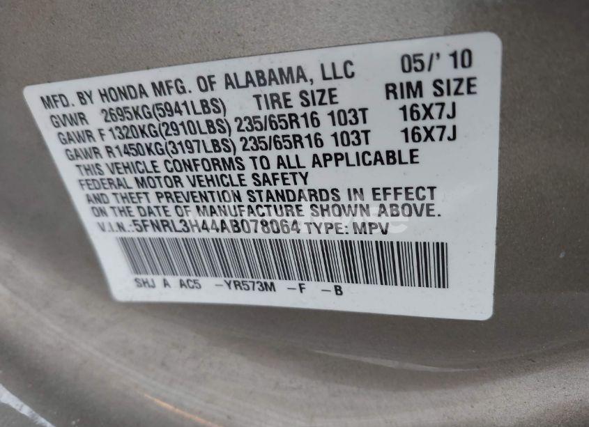 Photo 9 of 2010 Honda Odyssey EX (VIN 5FNRL3H44AB078064)