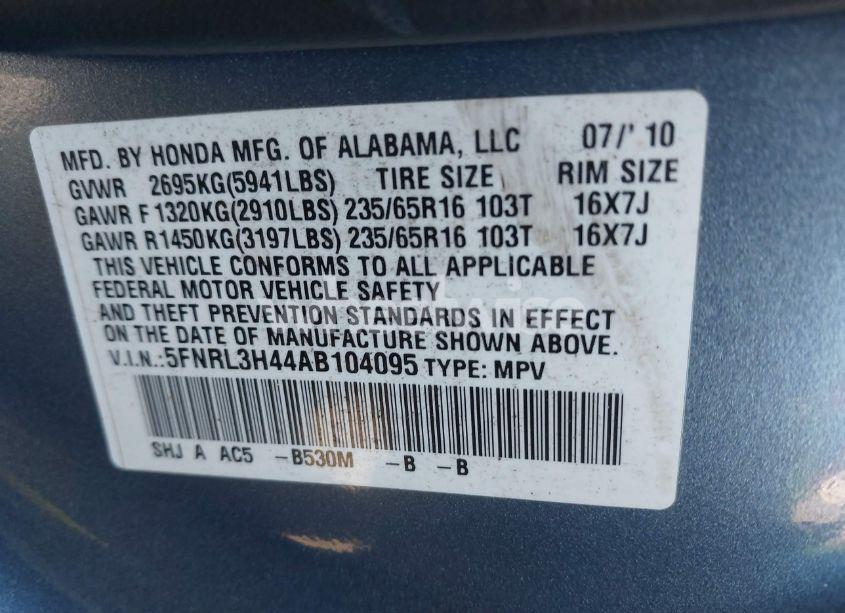 Photo 9 of 2010 Honda Odyssey EX (VIN 5FNRL3H44AB104095)