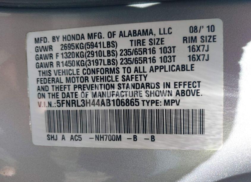 Photo 9 of 2010 Honda Odyssey EX (VIN 5FNRL3H44AB106865)