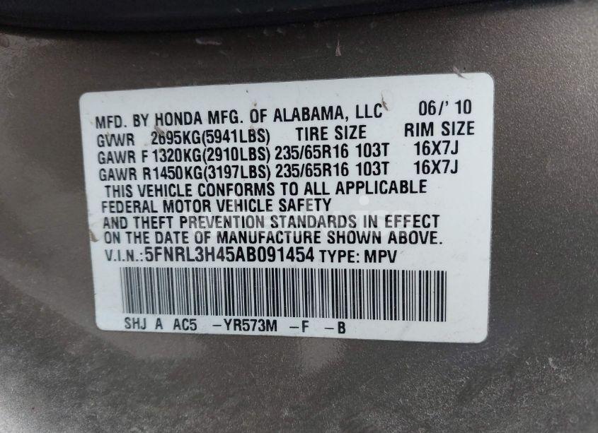 Photo 8 of 2010 Honda Odyssey EX (VIN 5FNRL3H45AB091454)