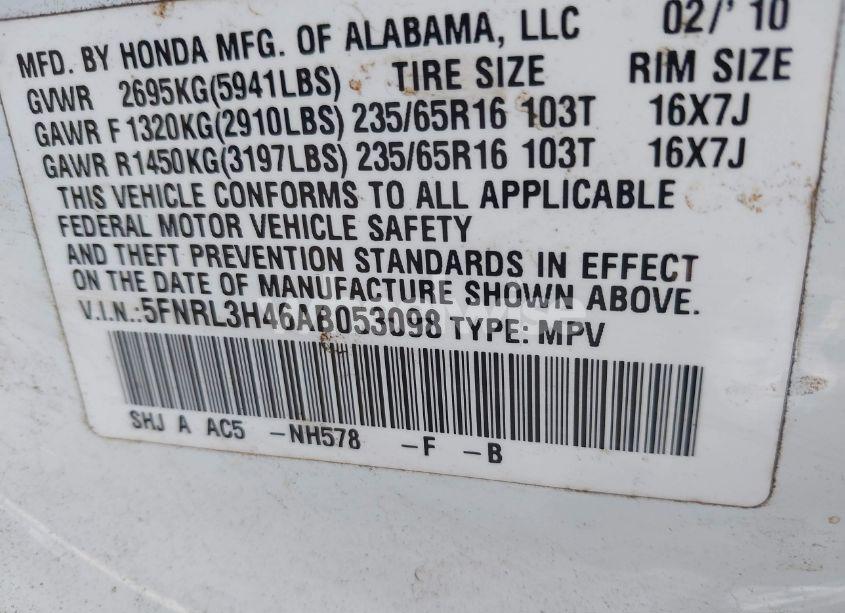 Photo 9 of 2010 Honda Odyssey EX (VIN 5FNRL3H46AB053098)