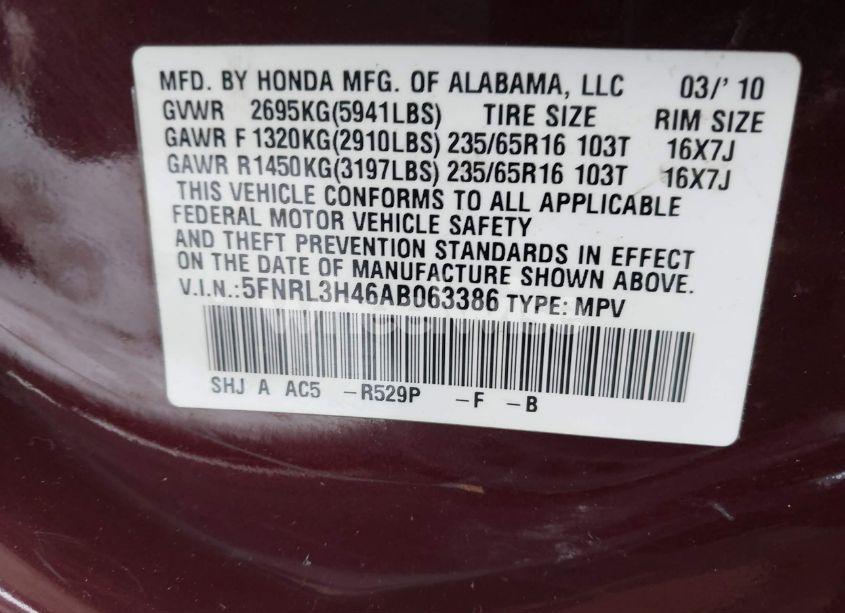 Photo 9 of 2010 Honda Odyssey EX (VIN 5FNRL3H46AB063386)