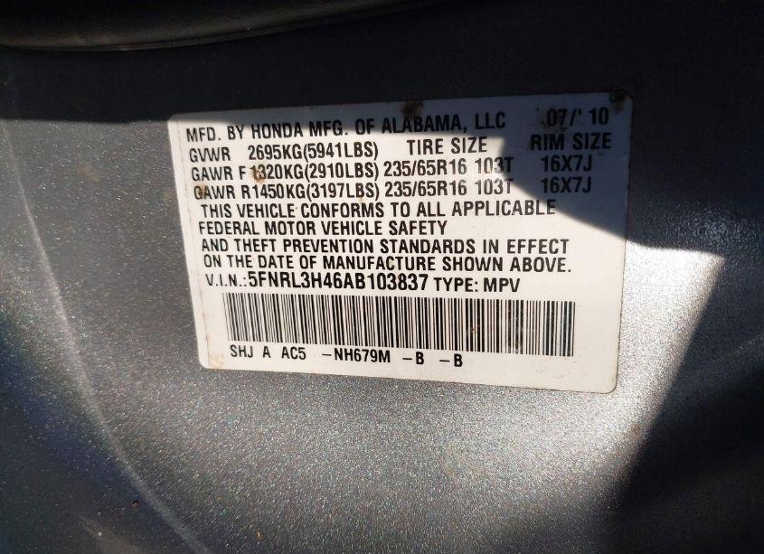 Photo 9 of 2010 Honda Odyssey EX (VIN 5FNRL3H46AB103837)