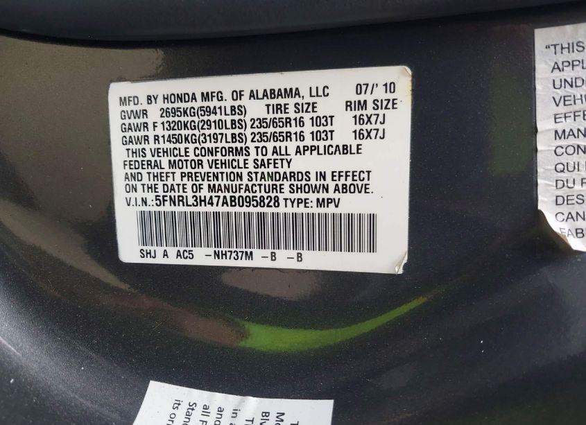 Photo 9 of 2010 Honda Odyssey EX (VIN 5FNRL3H47AB095828)