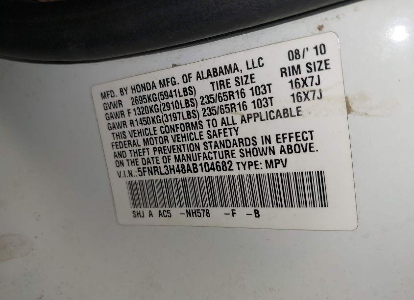 Photo 9 of 2010 Honda Odyssey EX (VIN 5FNRL3H48AB104682)