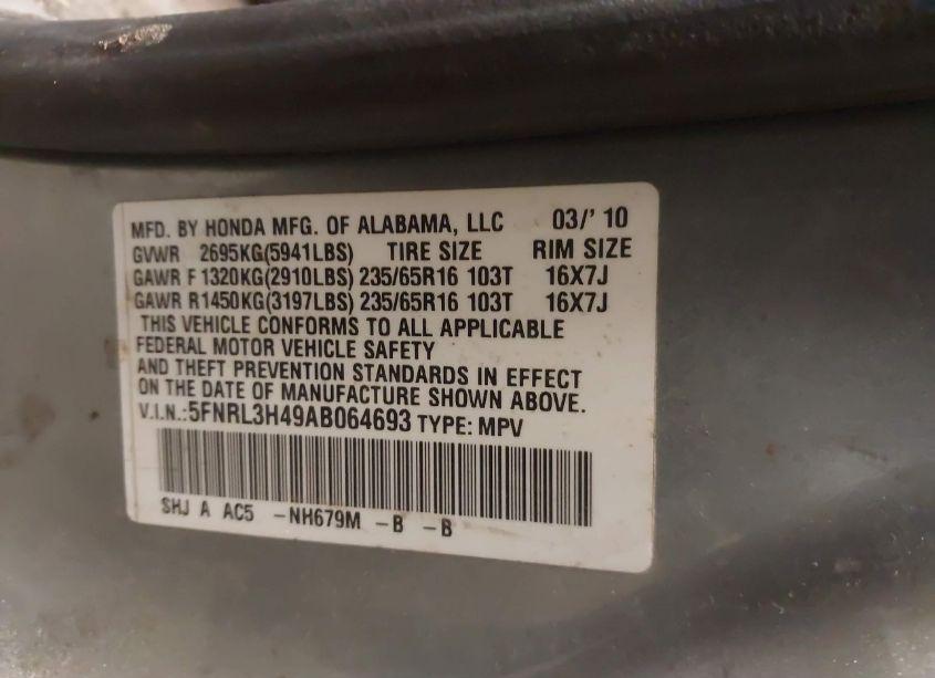 Photo 9 of 2010 Honda Odyssey EX (VIN 5FNRL3H49AB064693)