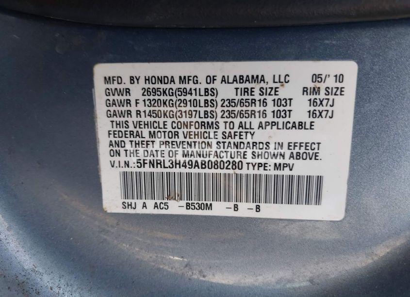 Photo 9 of 2010 Honda Odyssey EX (VIN 5FNRL3H49AB080280)