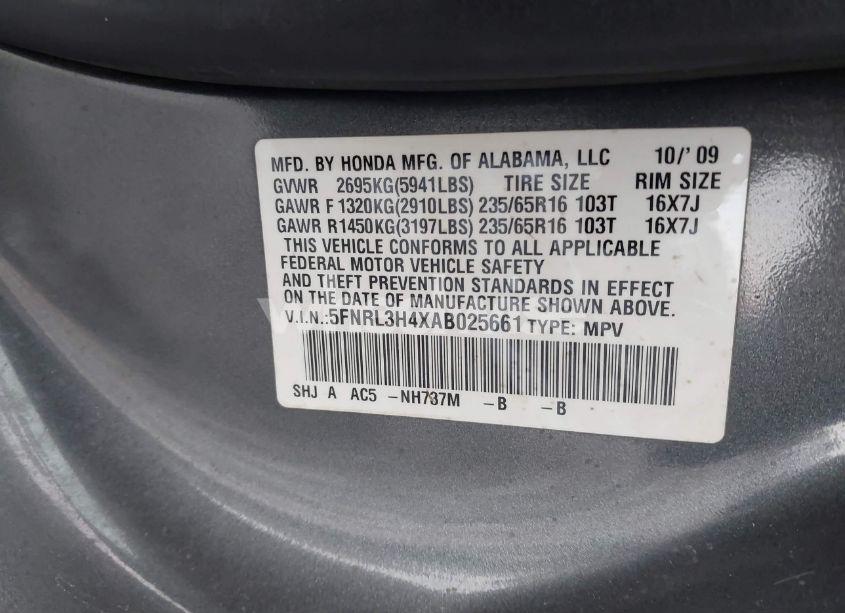 Photo 9 of 2010 Honda Odyssey EX (VIN 5FNRL3H4XAB025661)
