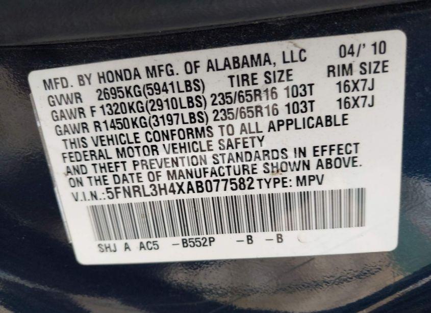 Photo 9 of 2010 Honda Odyssey EX (VIN 5FNRL3H4XAB077582)