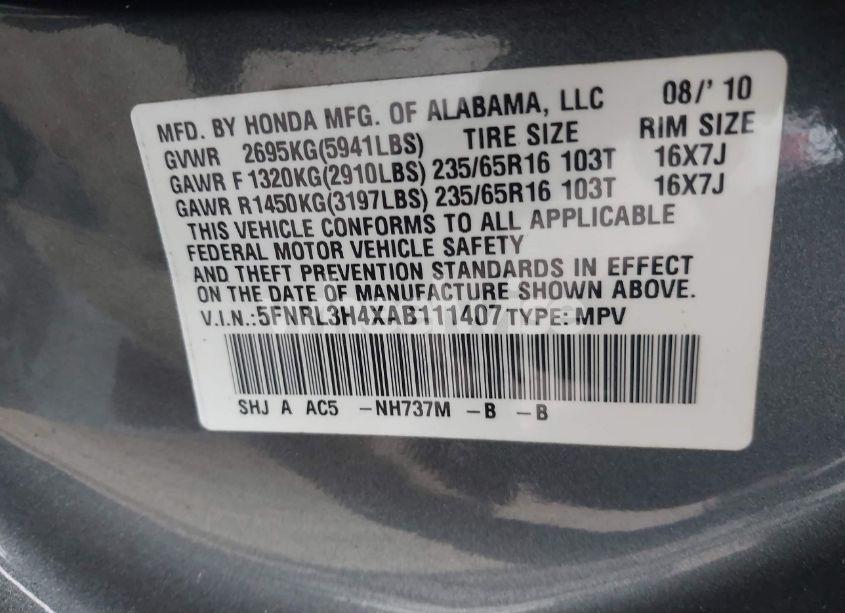 Photo 9 of 2010 Honda Odyssey EX (VIN 5FNRL3H4XAB111407)