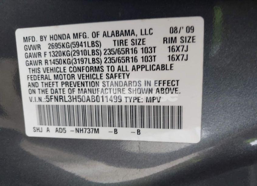 Photo 9 of 2010 Honda Odyssey EX (VIN 5FNRL3H50AB011499)