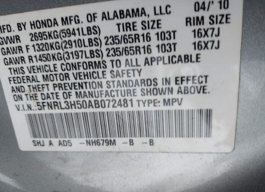 Photo 9 of 2010 Honda Odyssey EX (VIN 5FNRL3H50AB072481)