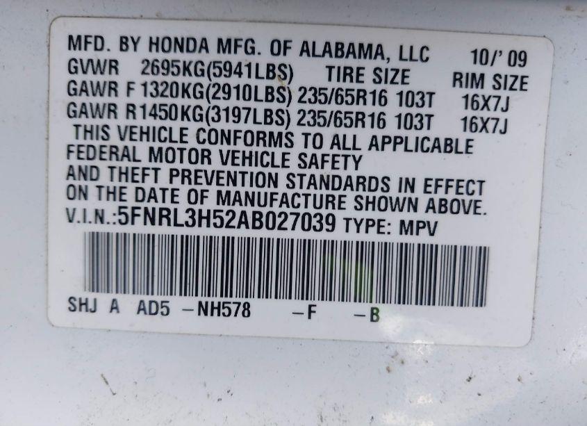 Photo 9 of 2010 Honda Odyssey EX (VIN 5FNRL3H52AB027039)