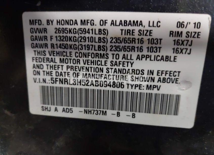 Photo 9 of 2010 Honda Odyssey EX (VIN 5FNRL3H52AB094806)