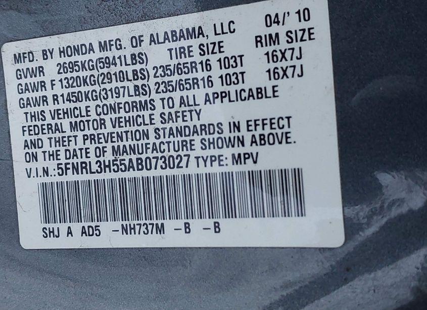 Photo 9 of 2010 Honda Odyssey EX (VIN 5FNRL3H55AB073027)