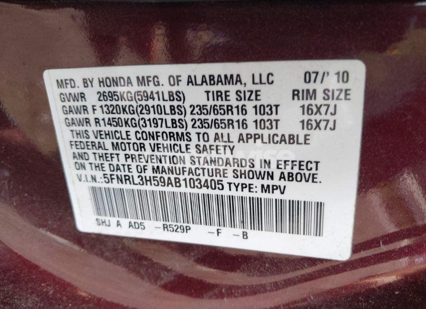 Photo 9 of 2010 Honda Odyssey EX (VIN 5FNRL3H59AB103405)