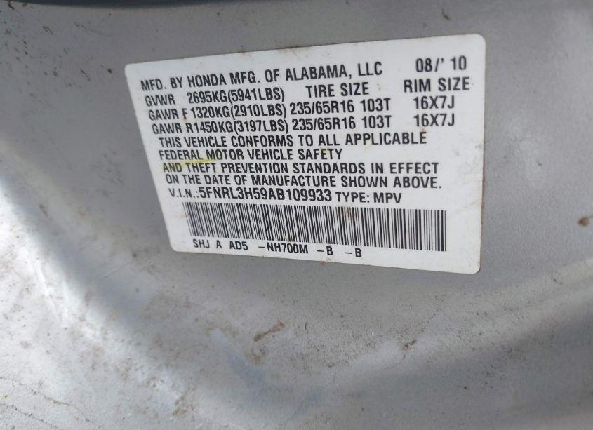 Photo 9 of 2010 Honda Odyssey EX (VIN 5FNRL3H59AB109933)