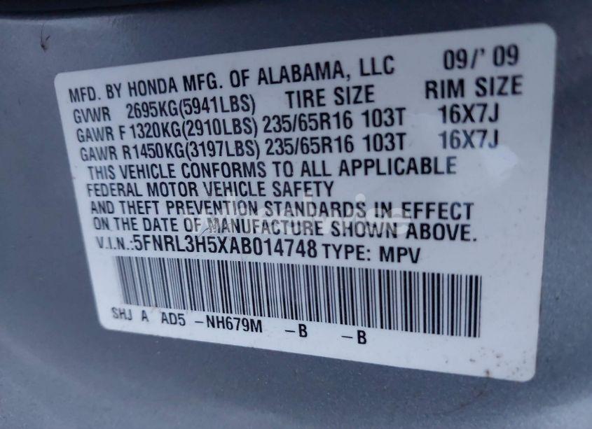 Photo 9 of 2010 Honda Odyssey EX (VIN 5FNRL3H5XAB014748)