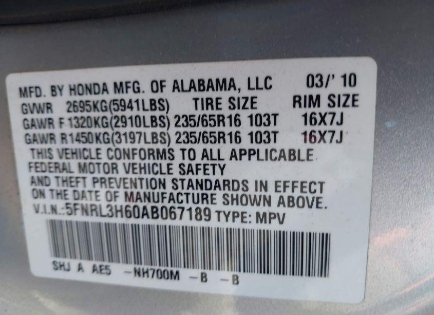 Photo 9 of 2010 Honda Odyssey EX-L (VIN 5FNRL3H60AB067189)