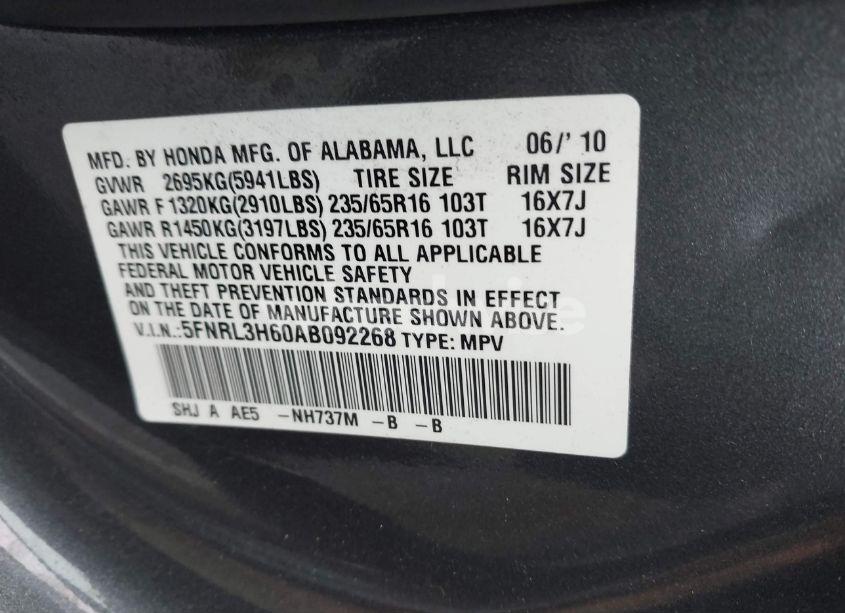 Photo 9 of 2010 Honda Odyssey EX-L (VIN 5FNRL3H60AB092268)