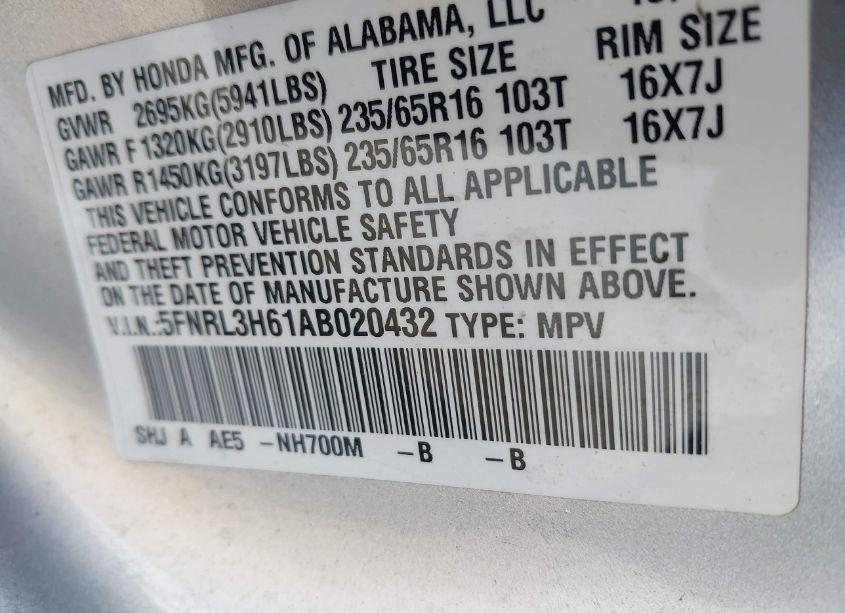 Photo 9 of 2010 Honda Odyssey EX-L (VIN 5FNRL3H61AB020432)