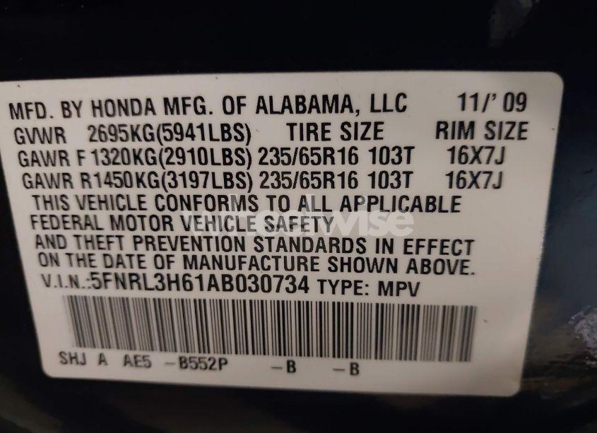 Photo 9 of 2010 Honda Odyssey EX-L (VIN 5FNRL3H61AB030734)