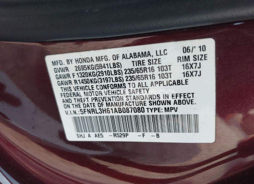 Photo 9 of 2010 Honda Odyssey EX-L (VIN 5FNRL3H61AB087080)