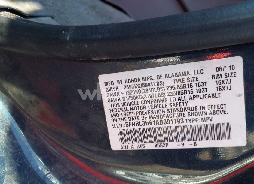 Photo 9 of 2010 Honda Odyssey EX-L (VIN 5FNRL3H61AB091193)