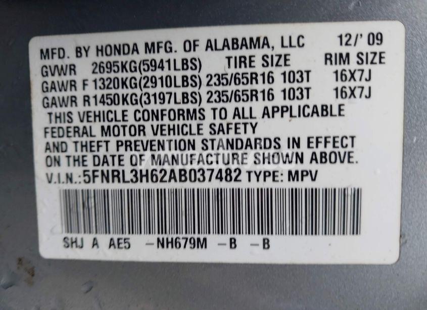Photo 9 of 2010 Honda Odyssey EX-L (VIN 5FNRL3H62AB037482)