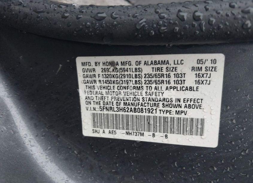 Photo 9 of 2010 Honda Odyssey EX-L (VIN 5FNRL3H62AB081921)