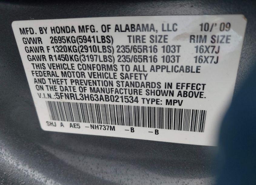 Photo 9 of 2010 Honda Odyssey EX-L (VIN 5FNRL3H63AB021534)