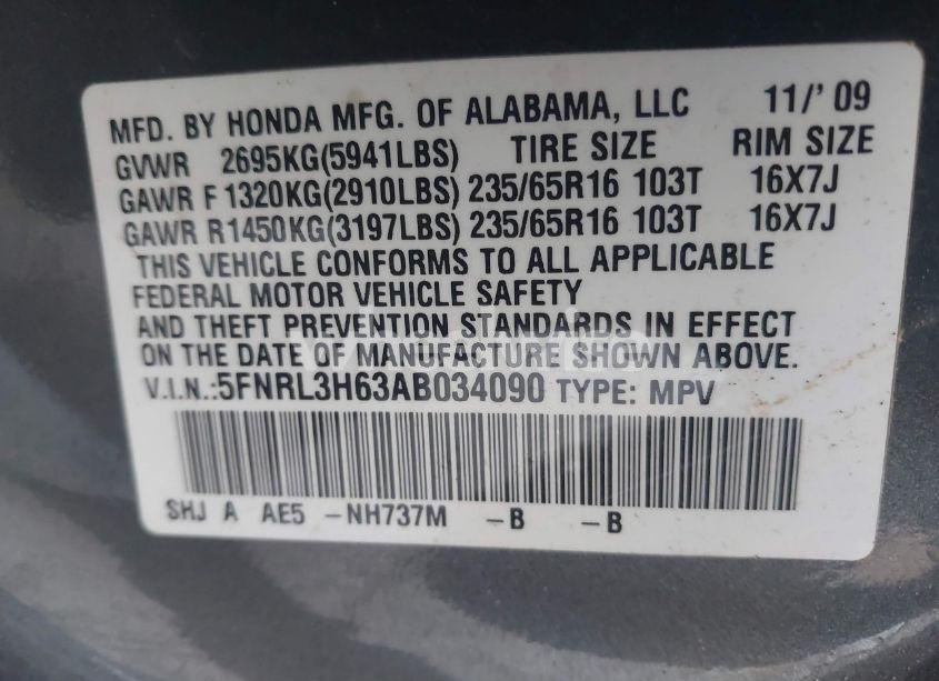 Photo 9 of 2010 Honda Odyssey EX-L (VIN 5FNRL3H63AB034090)