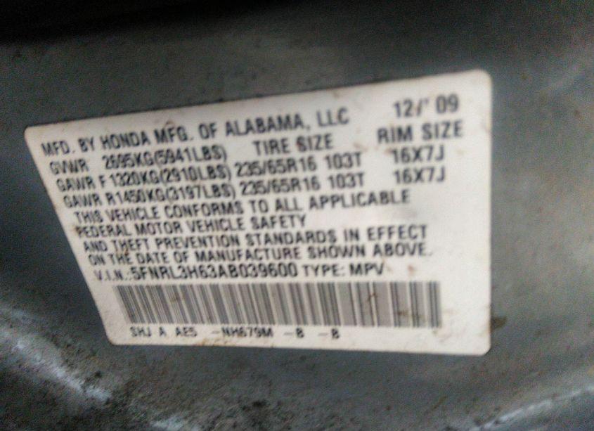 Photo 9 of 2010 Honda Odyssey EX-L (VIN 5FNRL3H63AB039600)